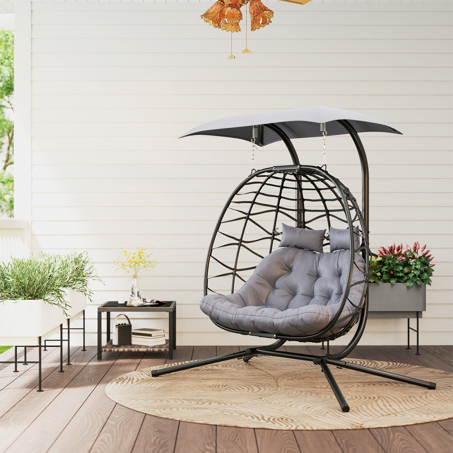 Rattan Double Hanging Egg Chair with Canopy, Cushion, Black