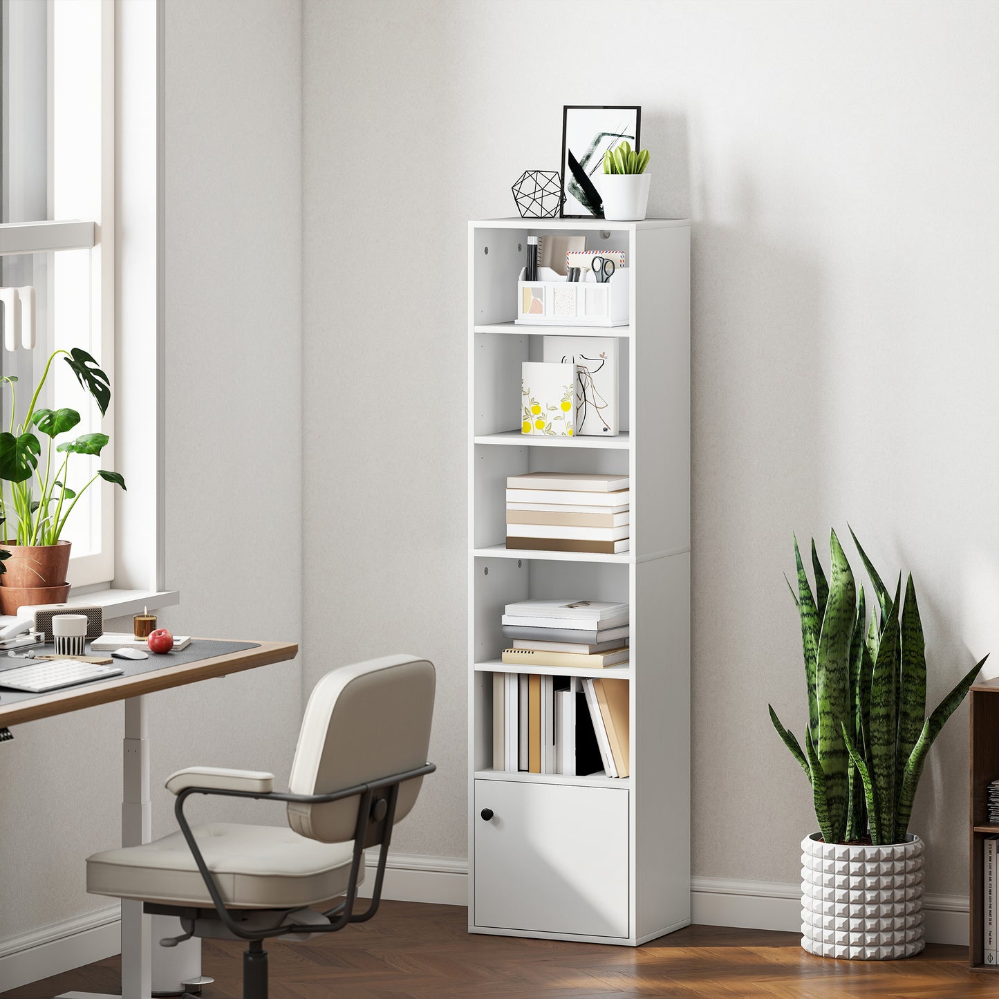 Tall Bookcase, 6-Tier Bookshelf with 3 Adjustable Shelves, White