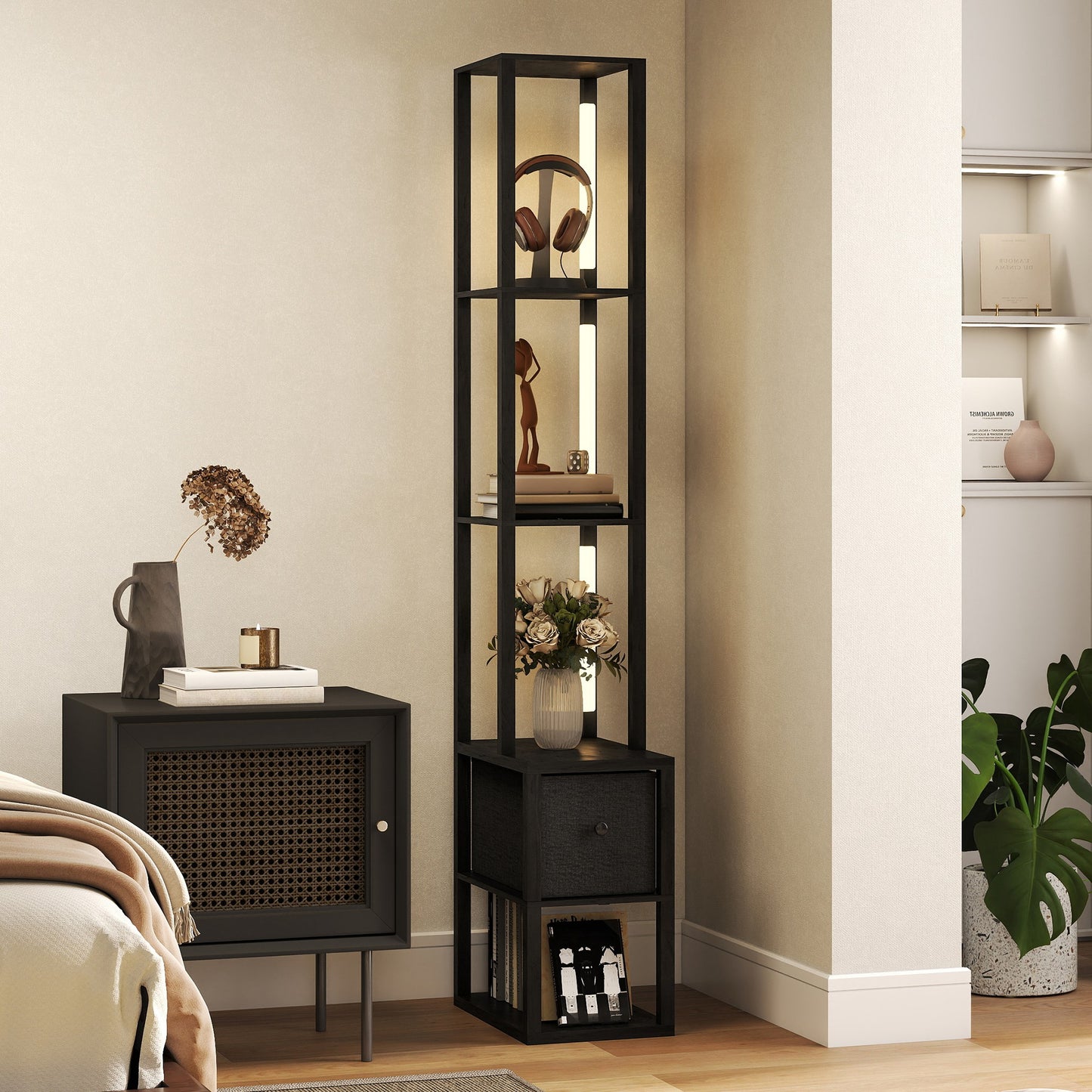 Floor Lamp with Shelves, LED Standing Lamp with Fabric Drawer, Black