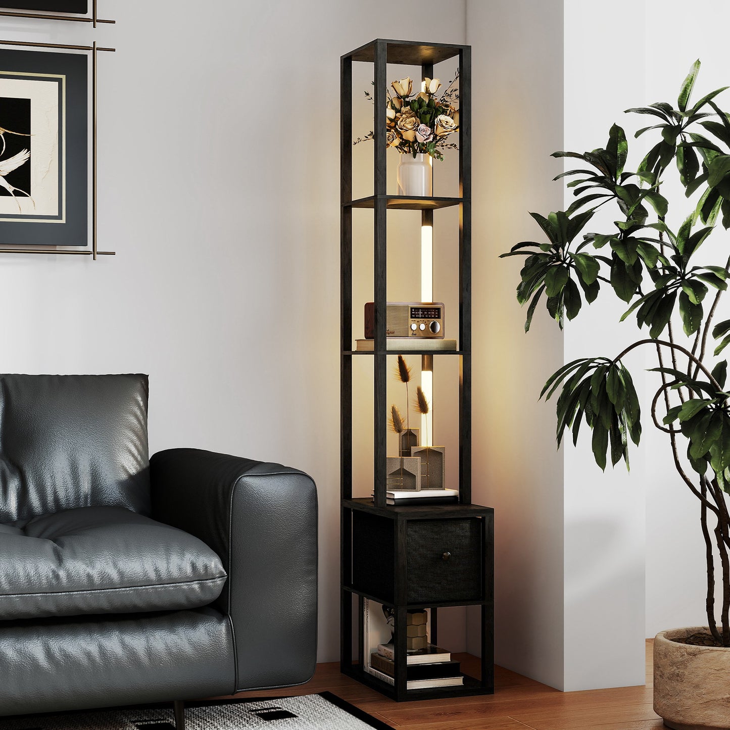 Floor Lamp with Shelves, LED Standing Lamp with Fabric Drawer, Black