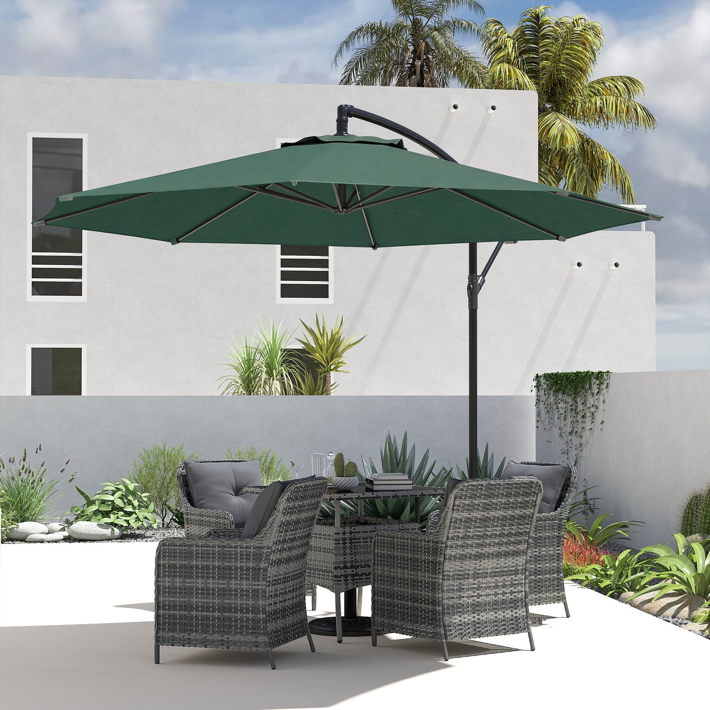 3(m) Garden Banana Parasol Cantilever Umbrella w/ Base, Dark Green