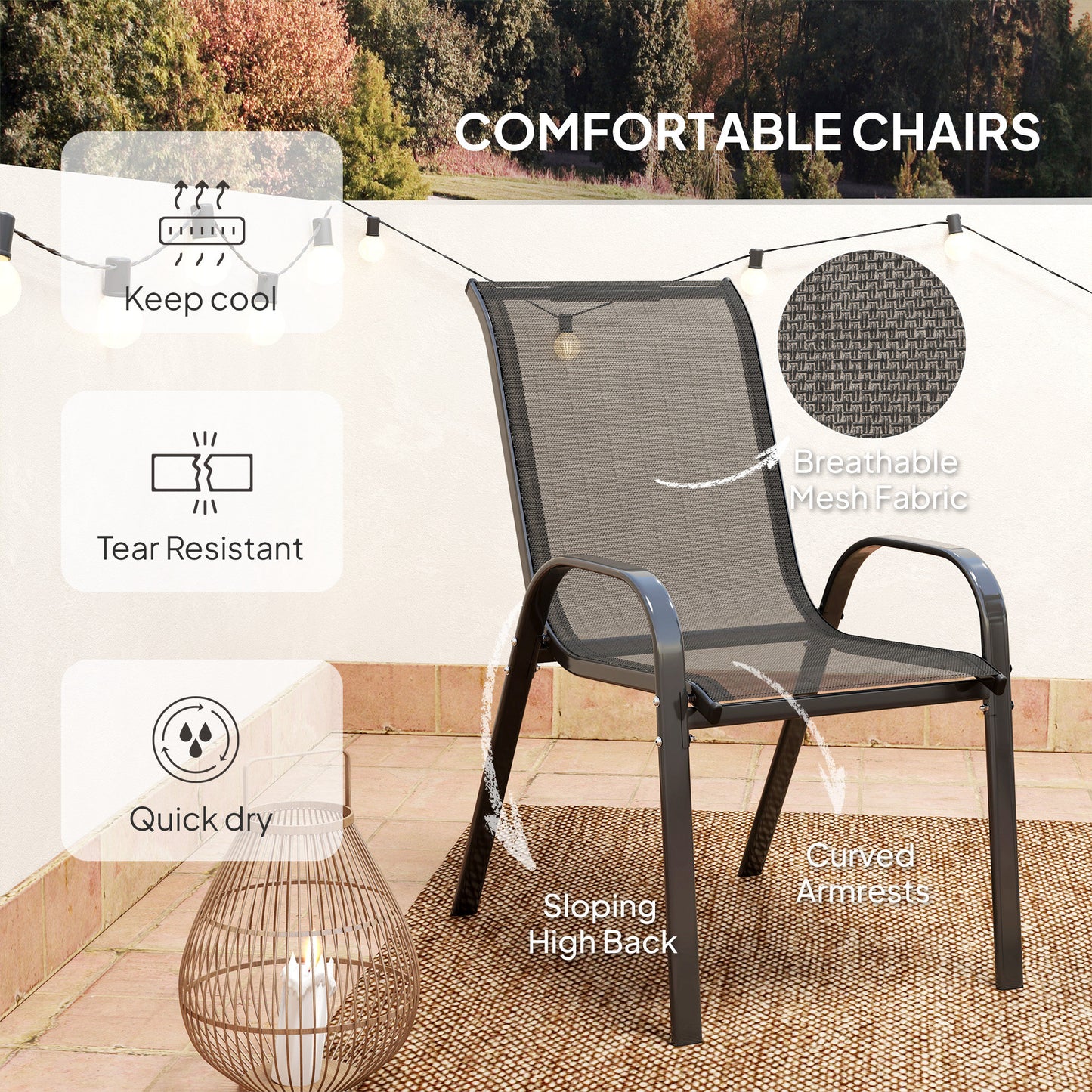 Garden Bistro Set, Small Garden Set w/ Stackable Chairs, Black