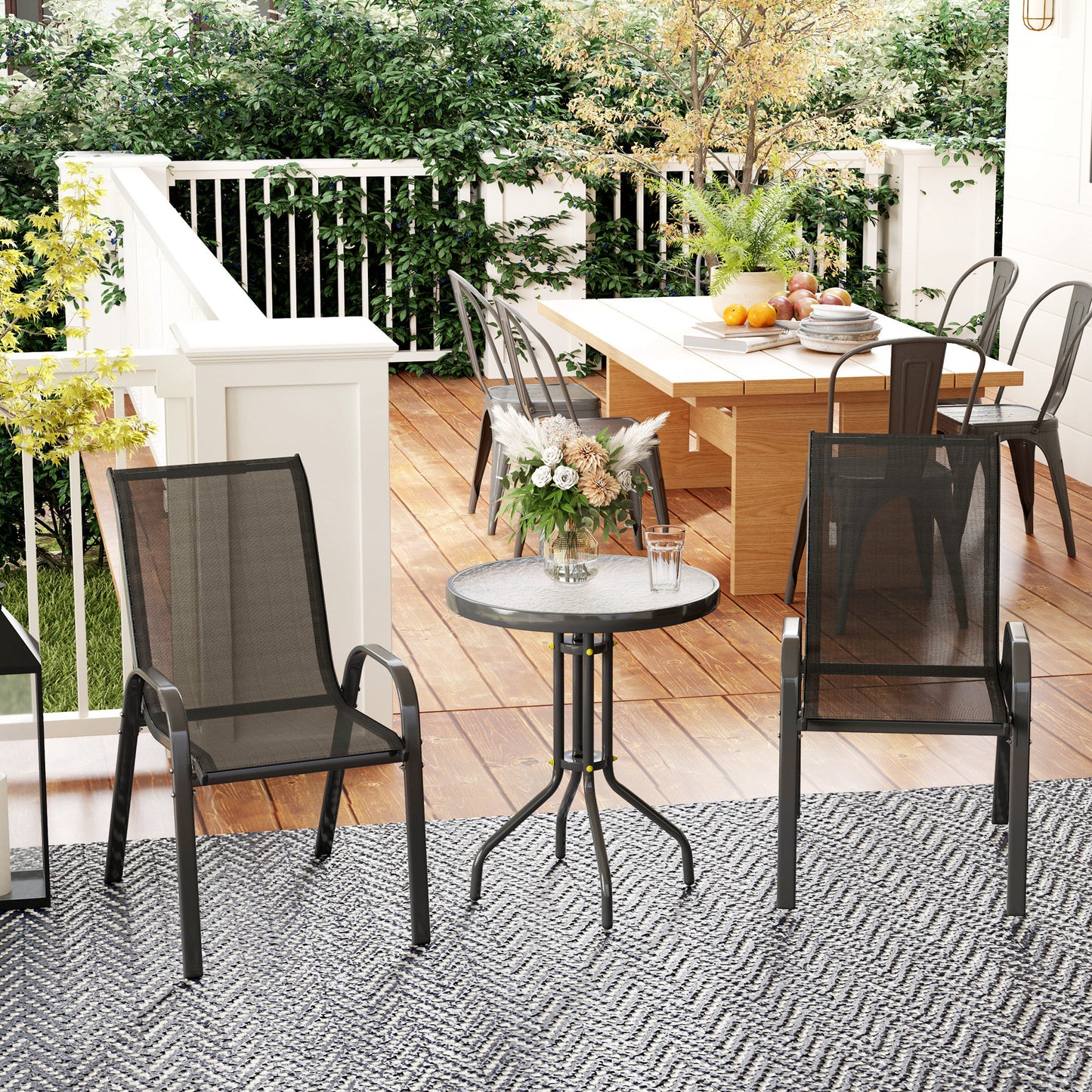 Garden Bistro Set, Small Garden Set w/ Stackable Chairs, Black