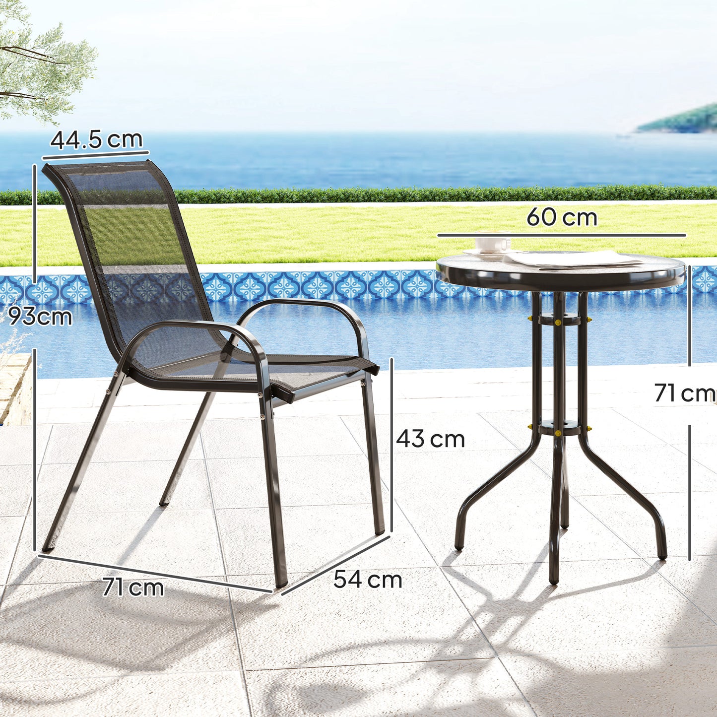 Garden Bistro Set, Small Garden Set w/ Stackable Chairs, Black