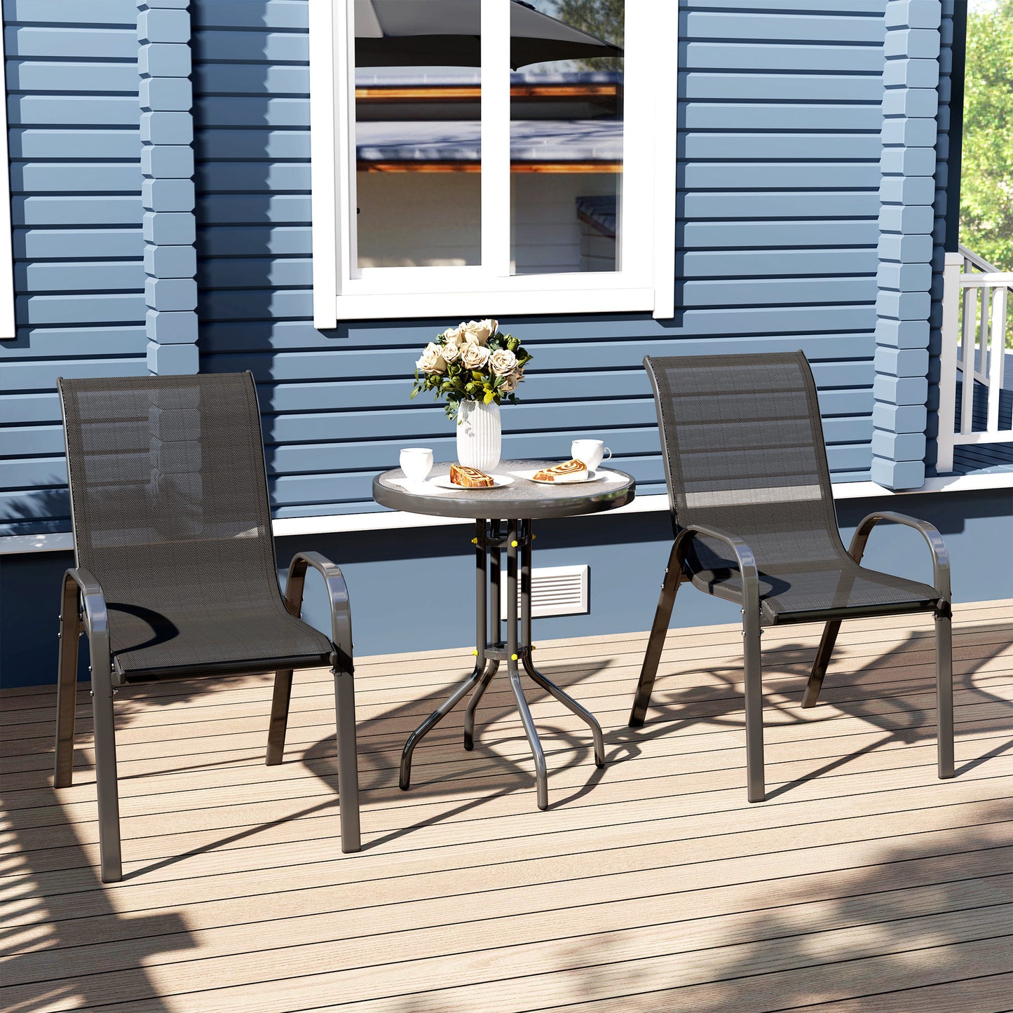 Garden Bistro Set, Small Garden Set w/ Stackable Chairs, Black