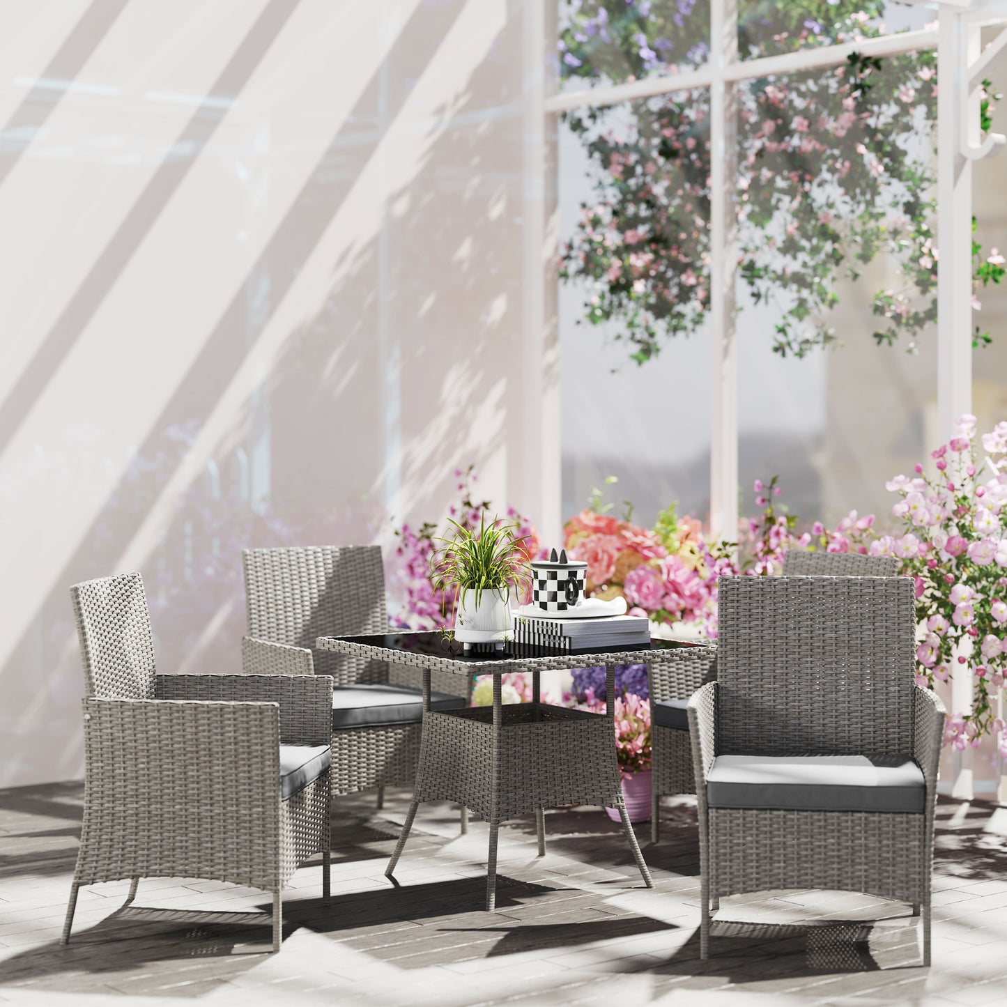 Rattan Outdoor Dining Table and Chairs for 4, Light Grey