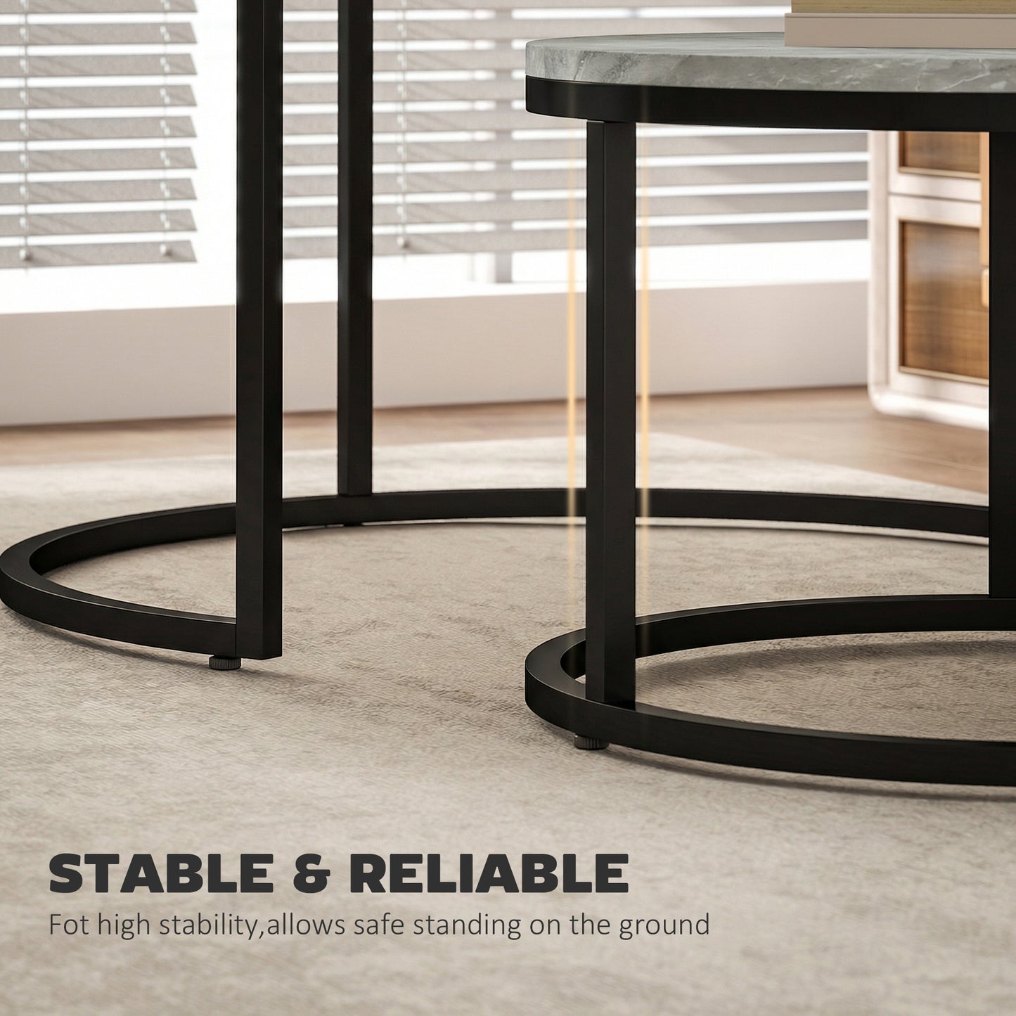 2 Pcs Stacking Coffee Table Set Steel Frame, Marble Grey