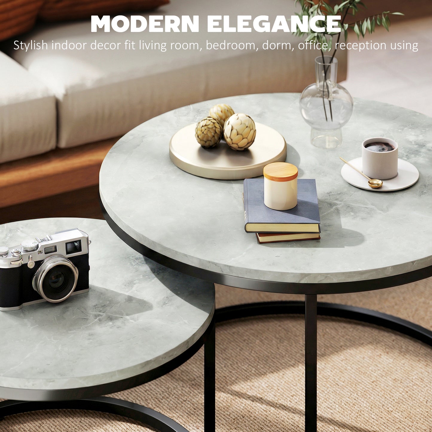 2 Pcs Stacking Coffee Table Set Steel Frame, Marble Grey