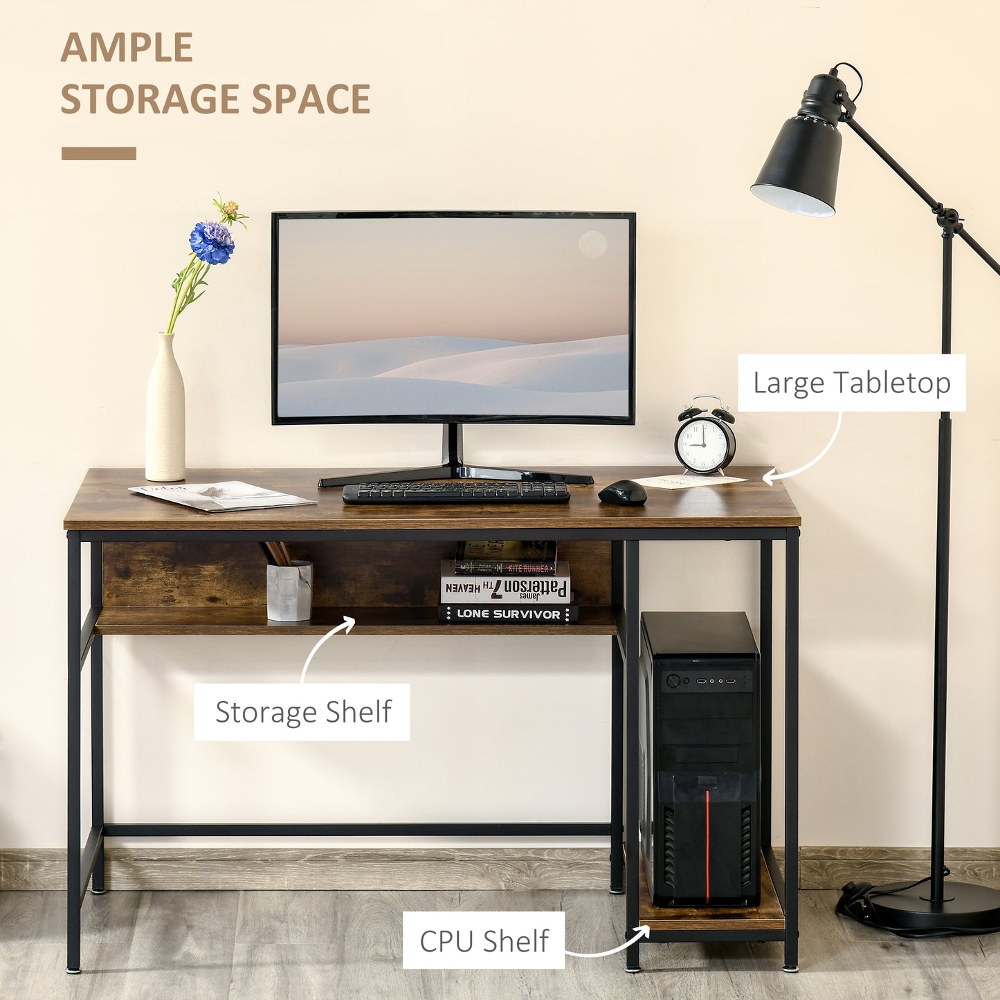 Home Office Computer Writing Desk Study Workstation w/ Storage, Brown