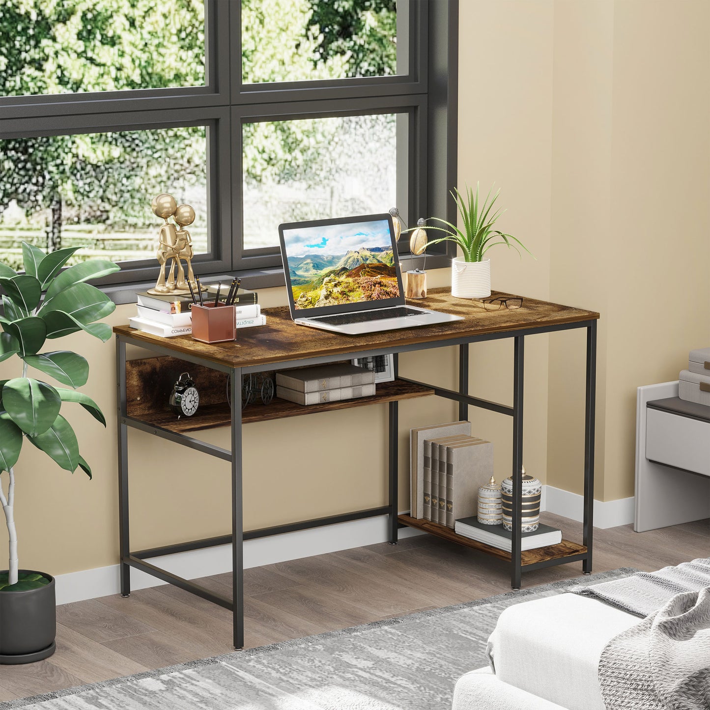 Home Office Computer Writing Desk Study Workstation w/ Storage, Brown