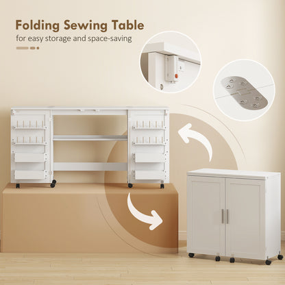 Folding Sewing Table with 2 Magnetic Doors, Rolling Craft Table with 4 Bins, 20 Pegs, Storage Shelf, Lockable Wheels, Space Saving Drop Leaf Sewing Machine Table for Small Spaces, White