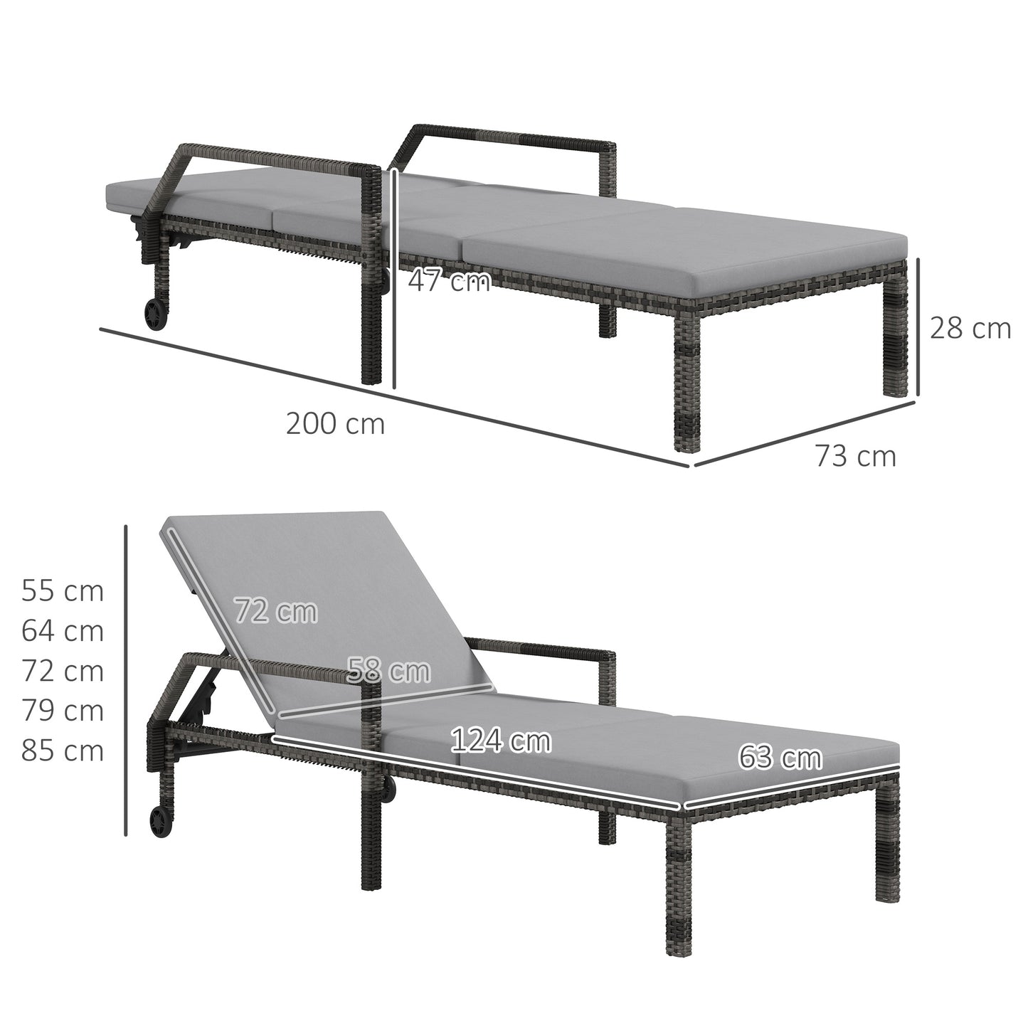 Outdoor Sun Lounger, Rattan Wicker Chaise Reclining with 5-Level Adjustable Backrest and 2 Wheels