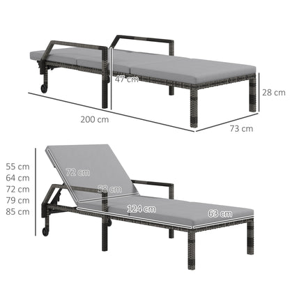 Outdoor Sun Lounger, Rattan Wicker Chaise Reclining with 5-Level Adjustable Backrest and 2 Wheels