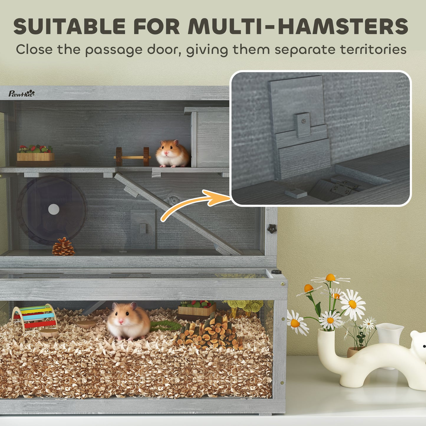 3 Tier Wooden Hamster Cage with Hut, Wheel, Ramps, 80 x 50 x 84 cm