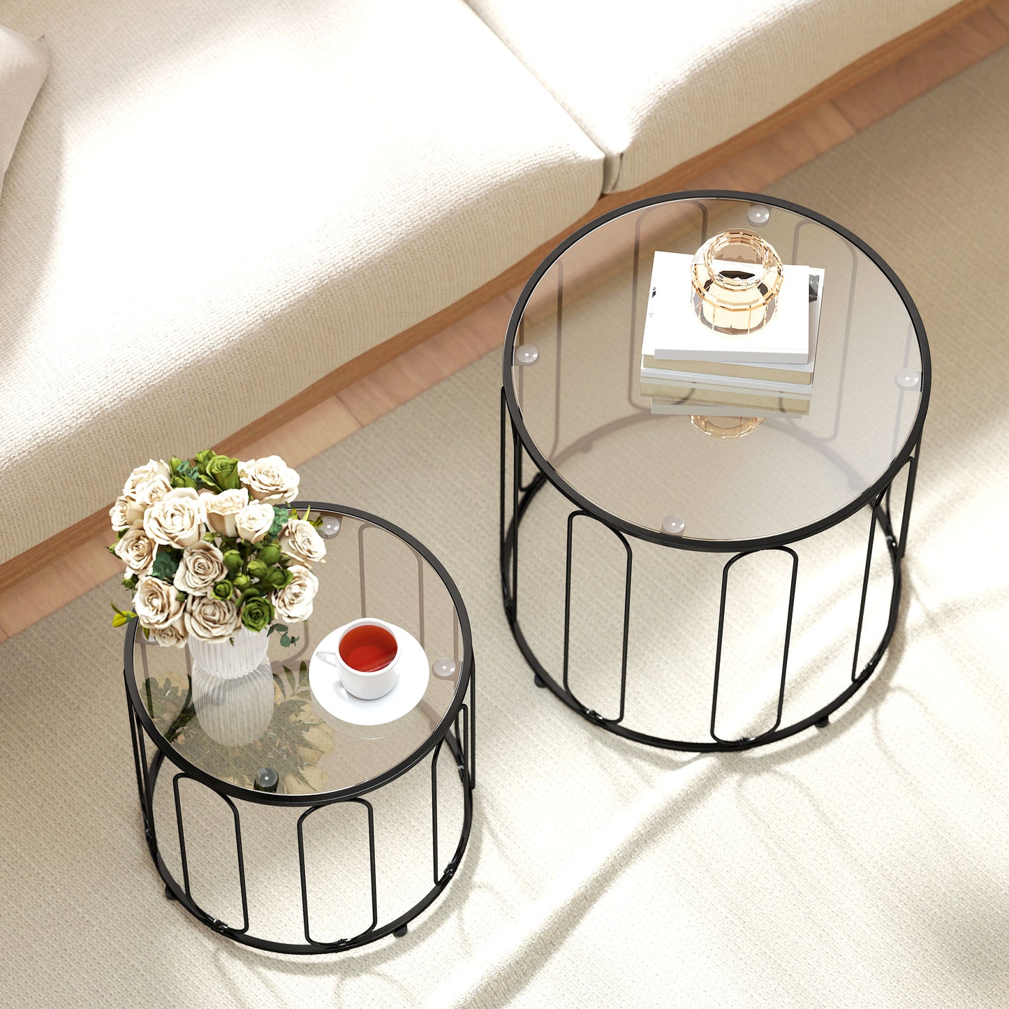 Coffee Table Set of 2, Nest of Tables with Metal Frame, Black