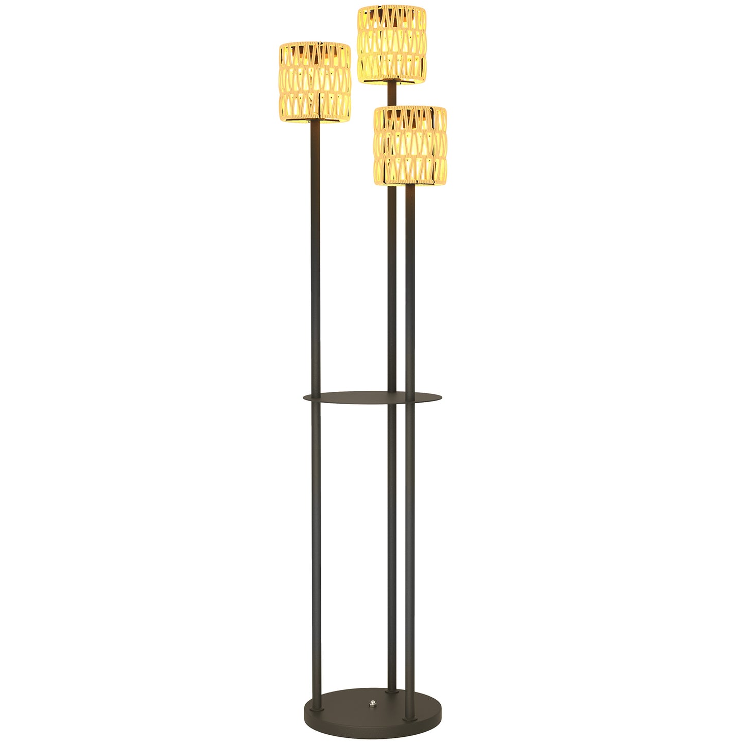 3-Light Solar Rattan Floor Lamp with Shelf, Auto On/Off, Yellow