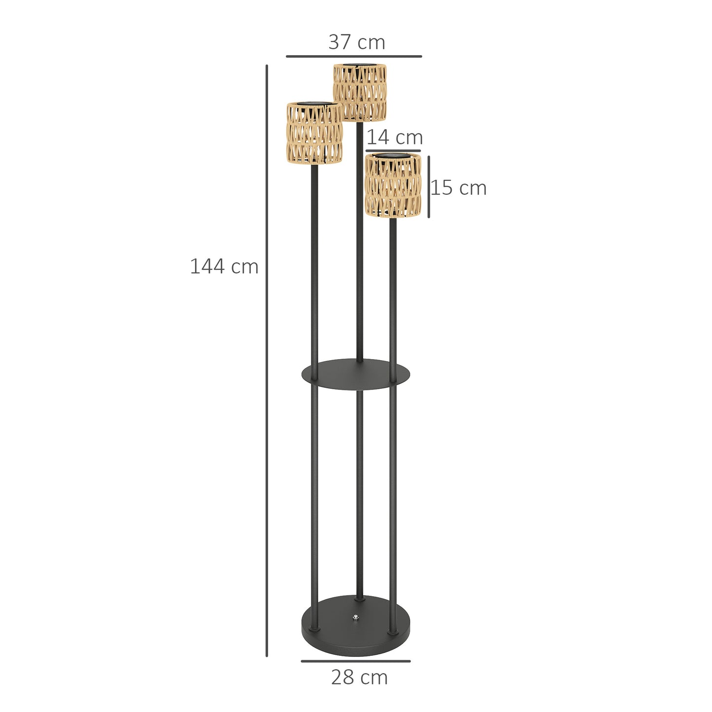 3-Light Solar Rattan Floor Lamp with Shelf, Auto On/Off, Yellow
