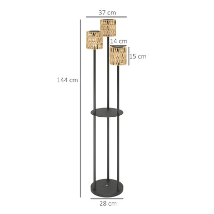 3-Light Solar Rattan Floor Lamp with Shelf, Auto On/Off, Yellow