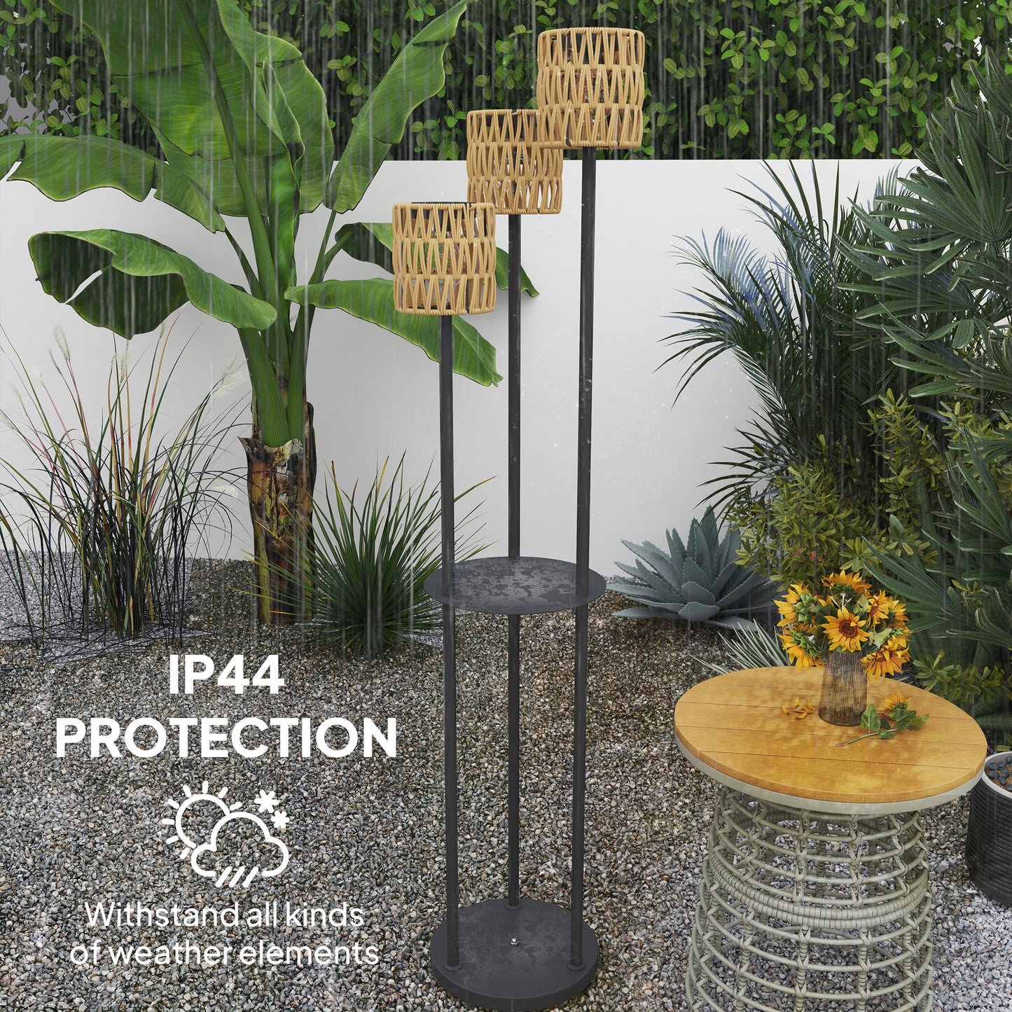 3-Light Solar Rattan Floor Lamp with Shelf, Auto On/Off, Yellow