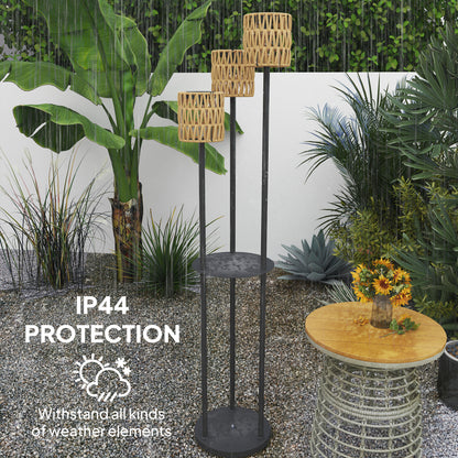 3-Light Solar Rattan Floor Lamp with Shelf, Auto On/Off, Yellow