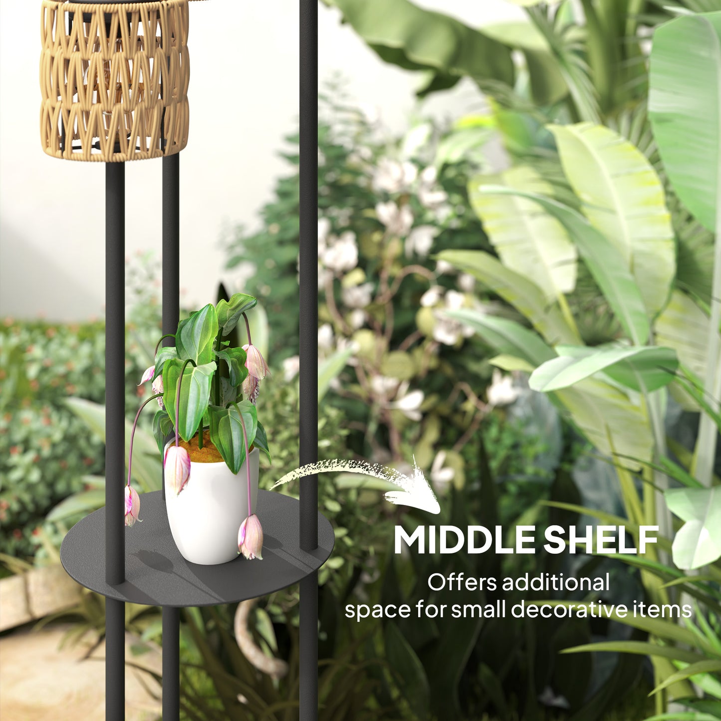 3-Light Solar Rattan Floor Lamp with Shelf, Auto On/Off, Yellow