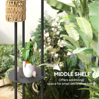 3-Light Solar Rattan Floor Lamp with Shelf, Auto On/Off, Yellow