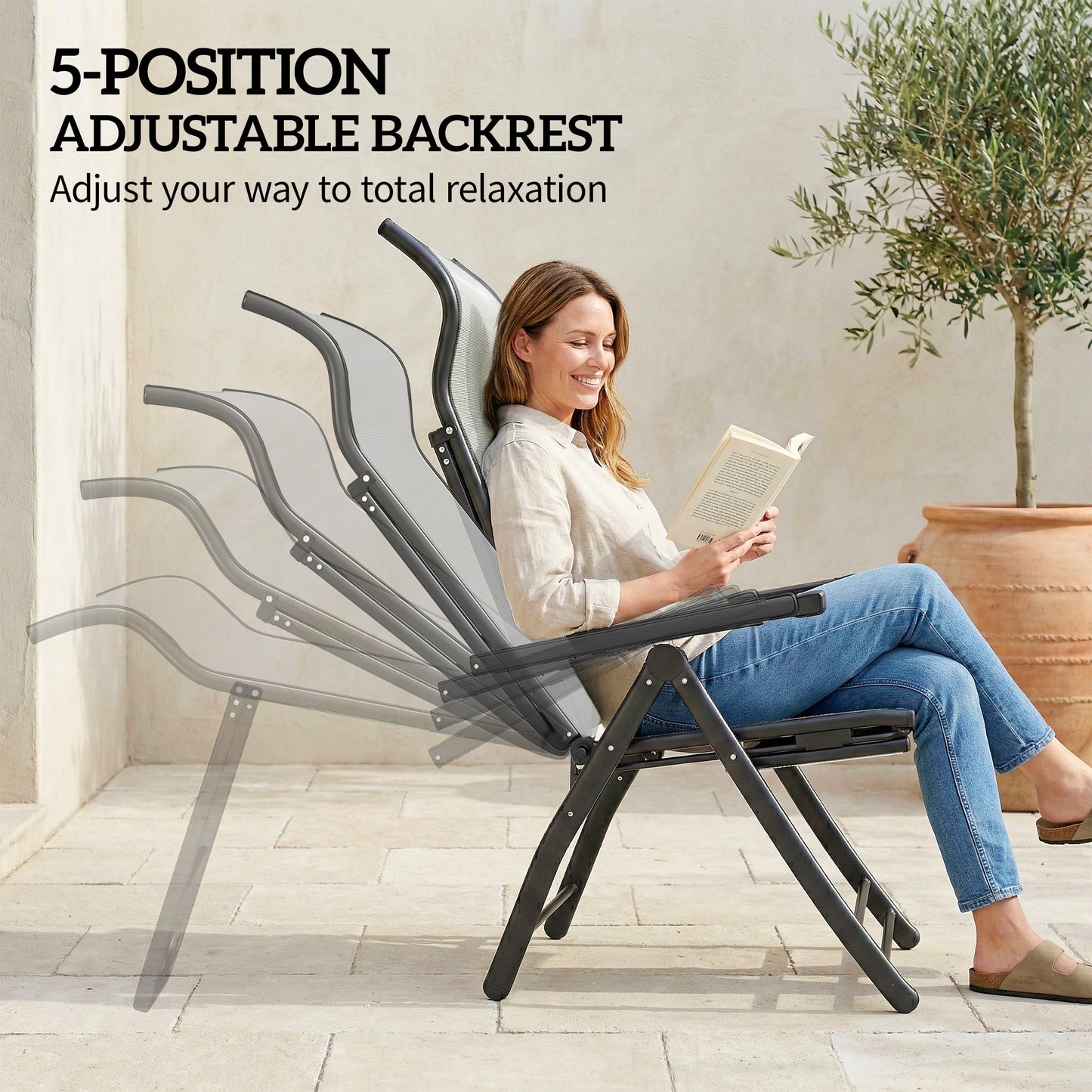 Folding Reclining Garden Chairs Set of 2 with Footrest, Light Grey