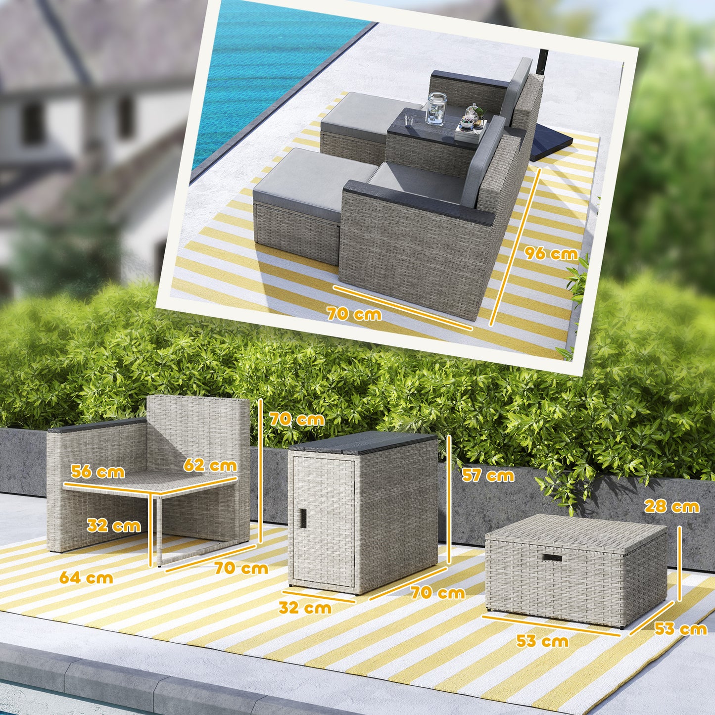 5 Piece Rattan Garden Furniture Set w/ Storage Table, Stools, Grey