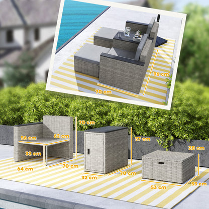 5 Piece Rattan Garden Furniture Set w/ Storage Table, Stools, Grey