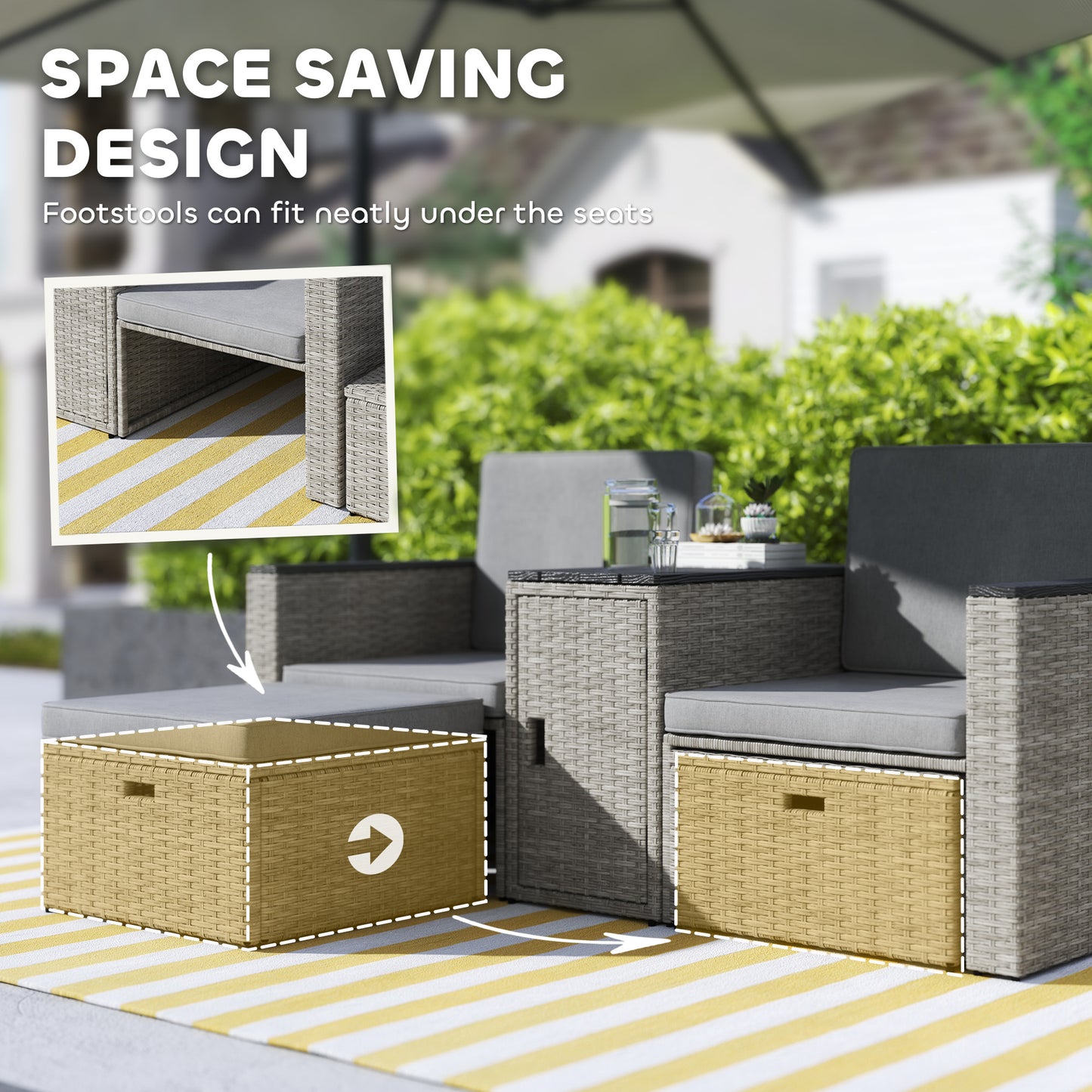 5 Piece Rattan Garden Furniture Set w/ Storage Table, Stools, Grey