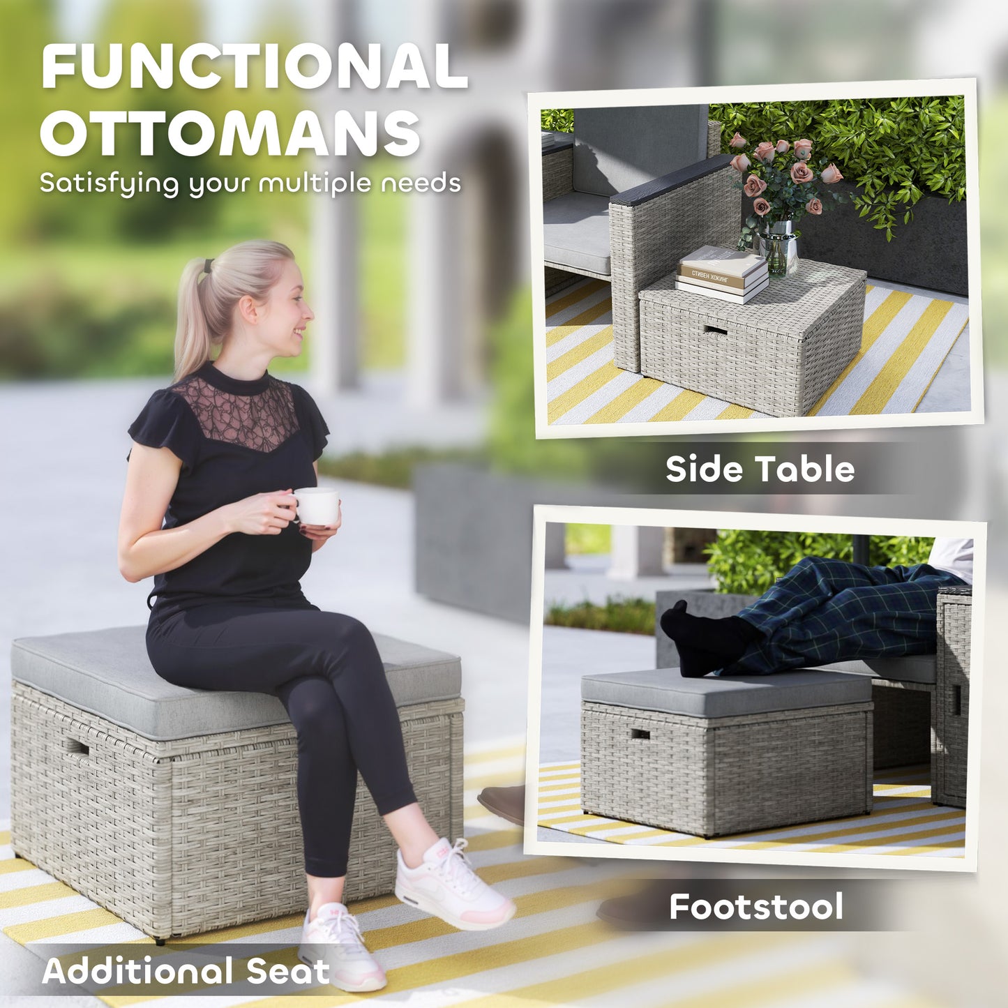 5 Piece Rattan Garden Furniture Set w/ Storage Table, Stools, Grey
