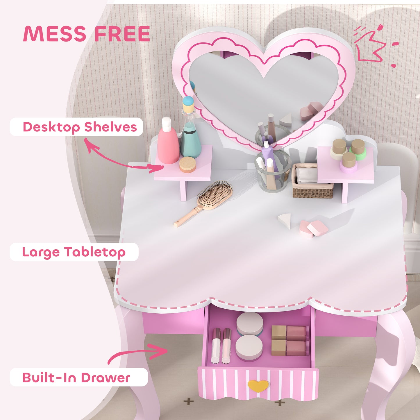 Kids Dressing Table Set, Two-Piece Children Vanity Table with Stool