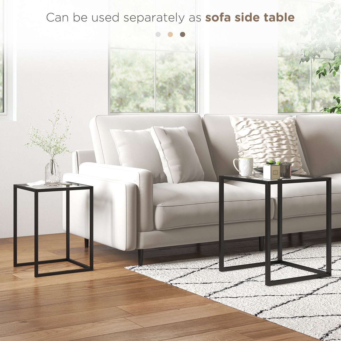 Nesting Tables Set of 2, End Table with Tempered Glass Top, Black