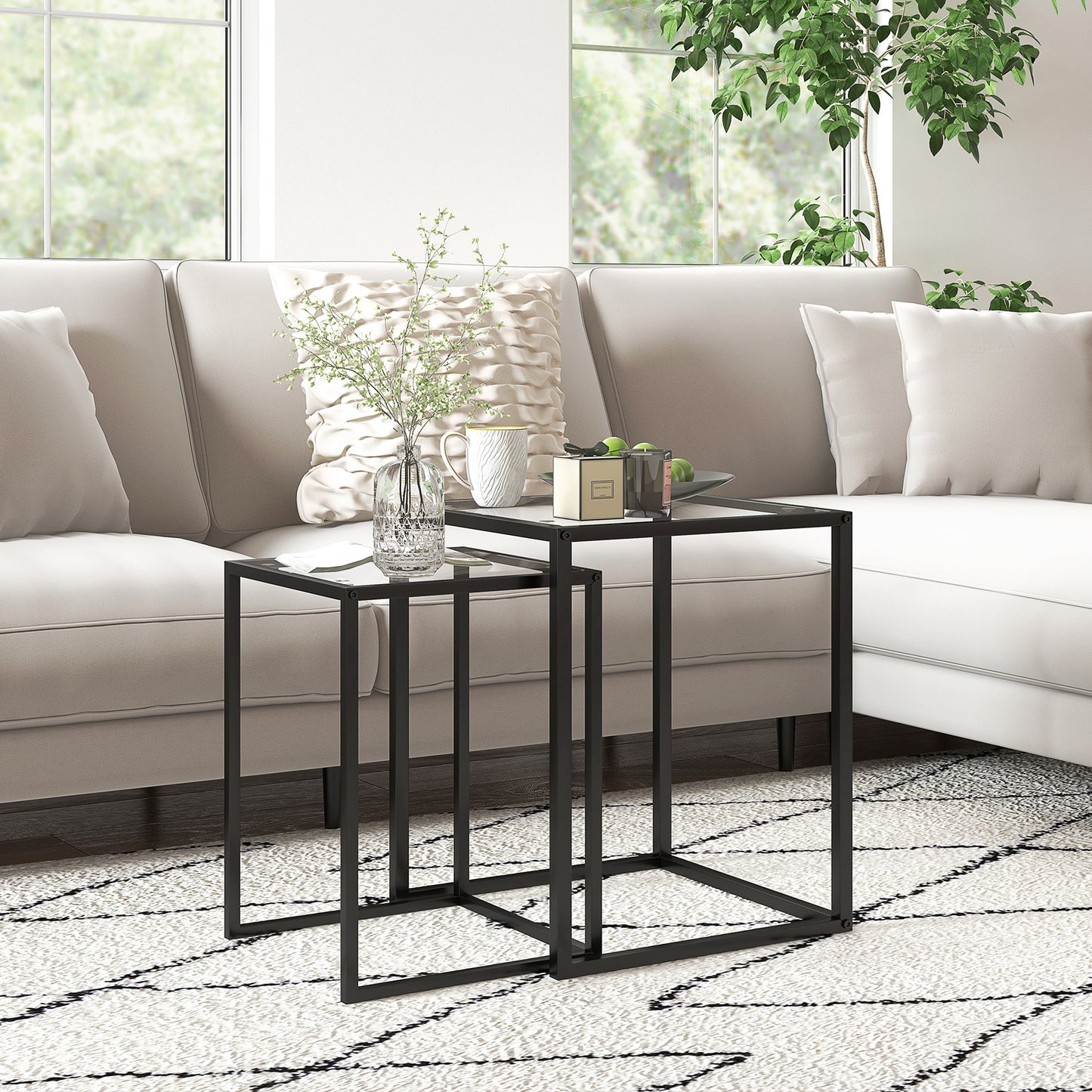 Nesting Tables Set of 2, End Table with Tempered Glass Top, Black