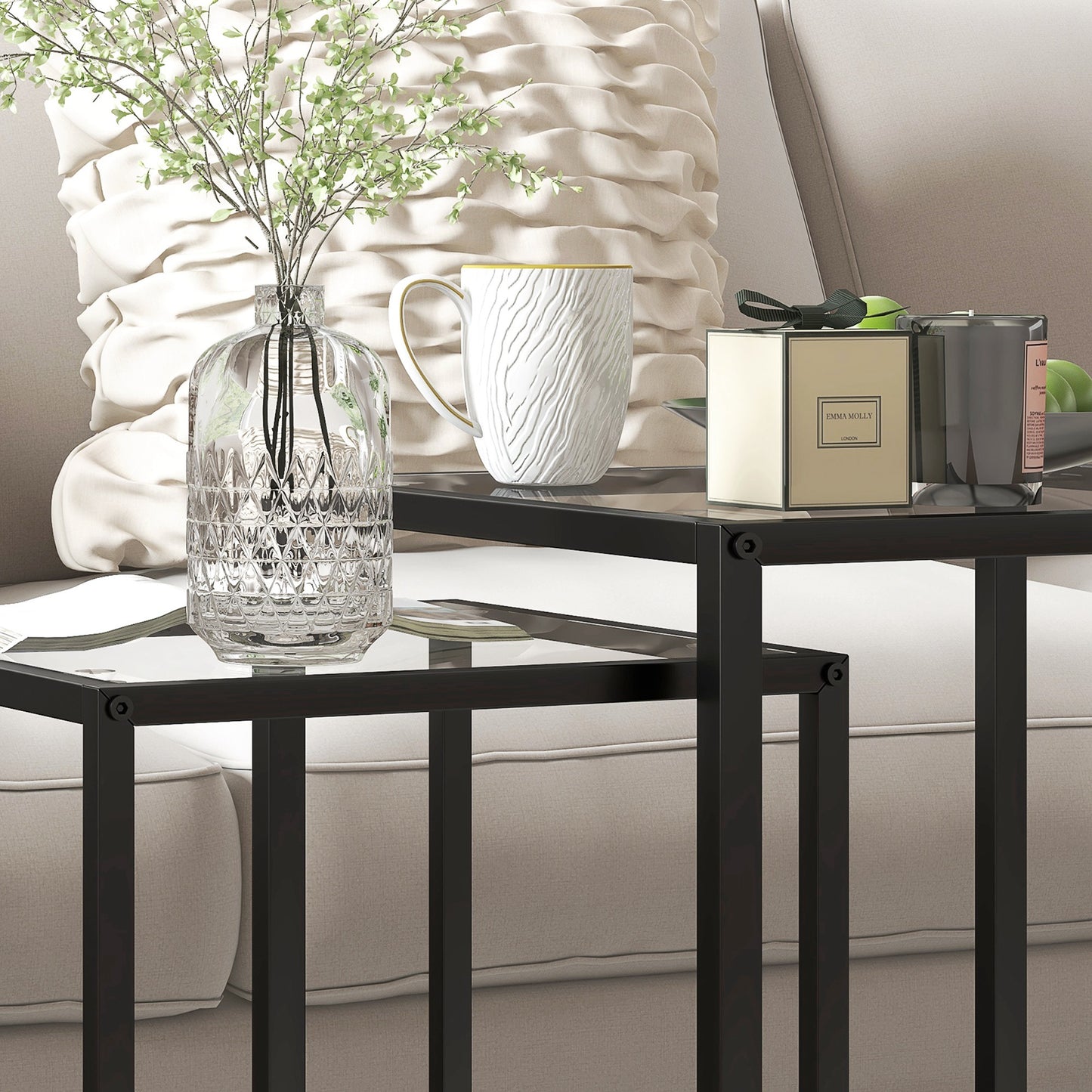 Nesting Tables Set of 2, End Table with Tempered Glass Top, Black