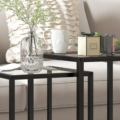 Nesting Tables Set of 2, End Table with Tempered Glass Top, Black