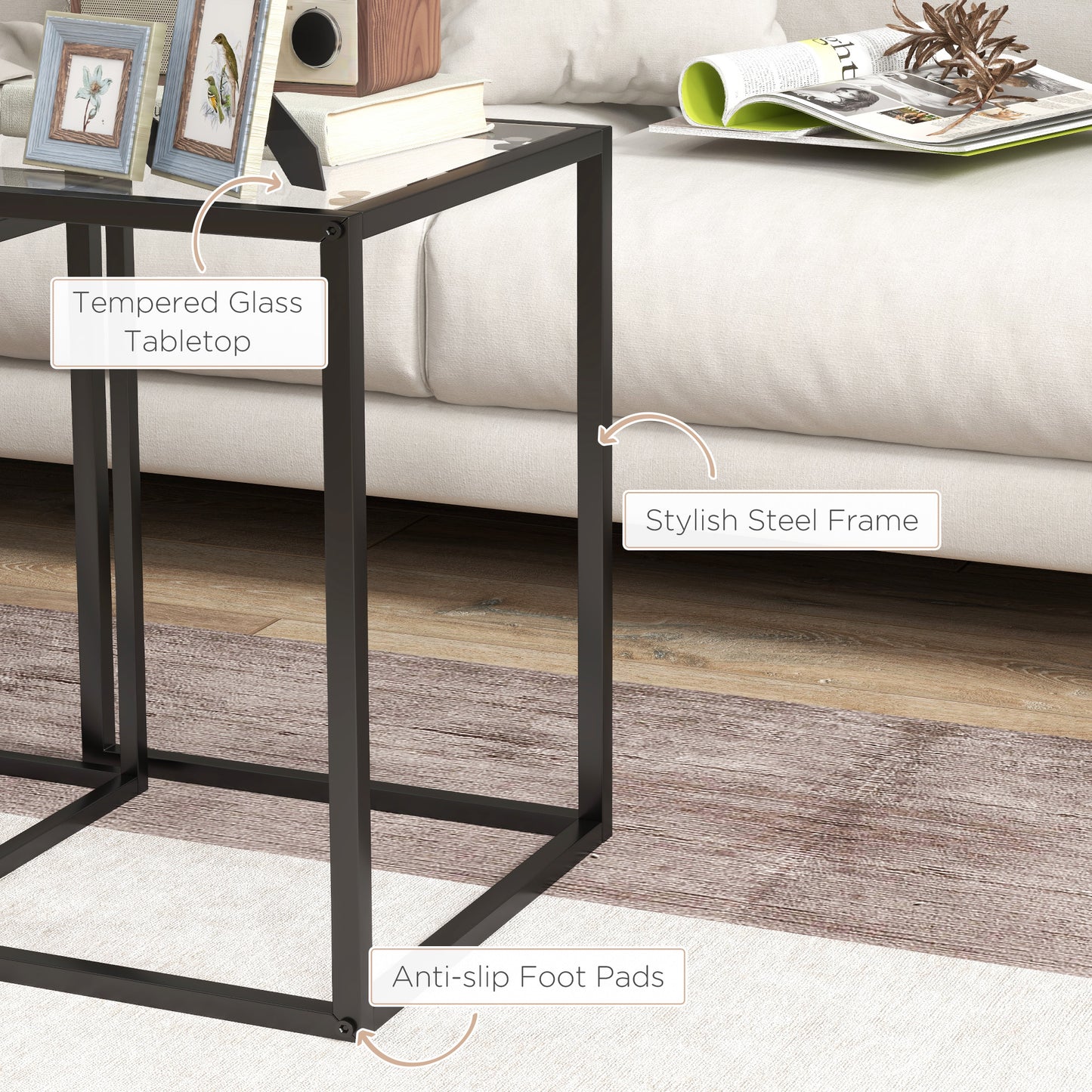 Nesting Tables Set of 2, End Table with Tempered Glass Top, Black