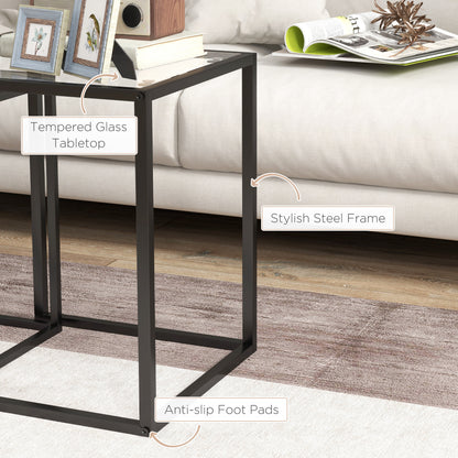 Nesting Tables Set of 2, End Table with Tempered Glass Top, Black