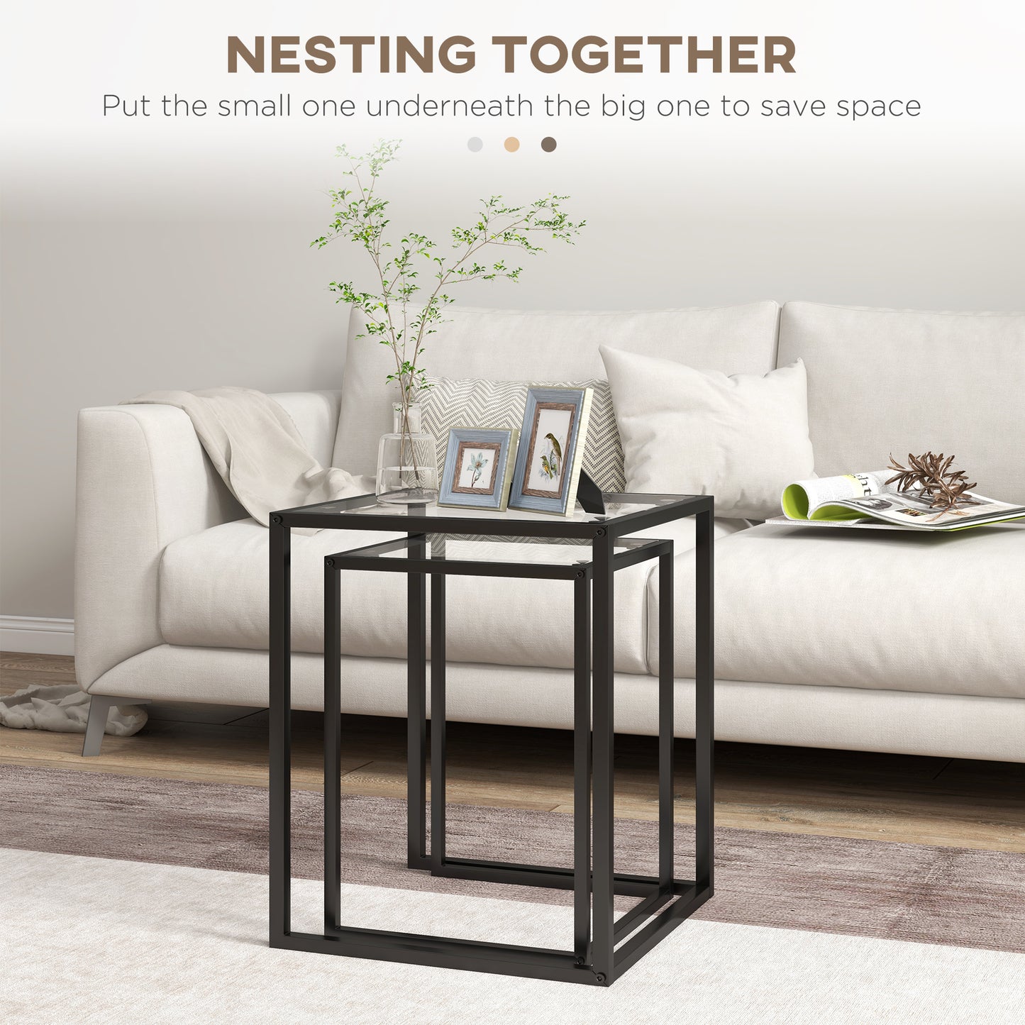 Nesting Tables Set of 2, End Table with Tempered Glass Top, Black