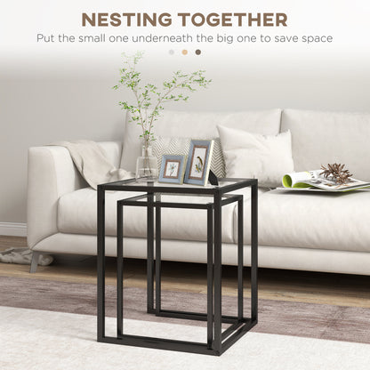 Nesting Tables Set of 2, End Table with Tempered Glass Top, Black