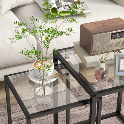 Nesting Tables Set of 2, End Table with Tempered Glass Top, Black