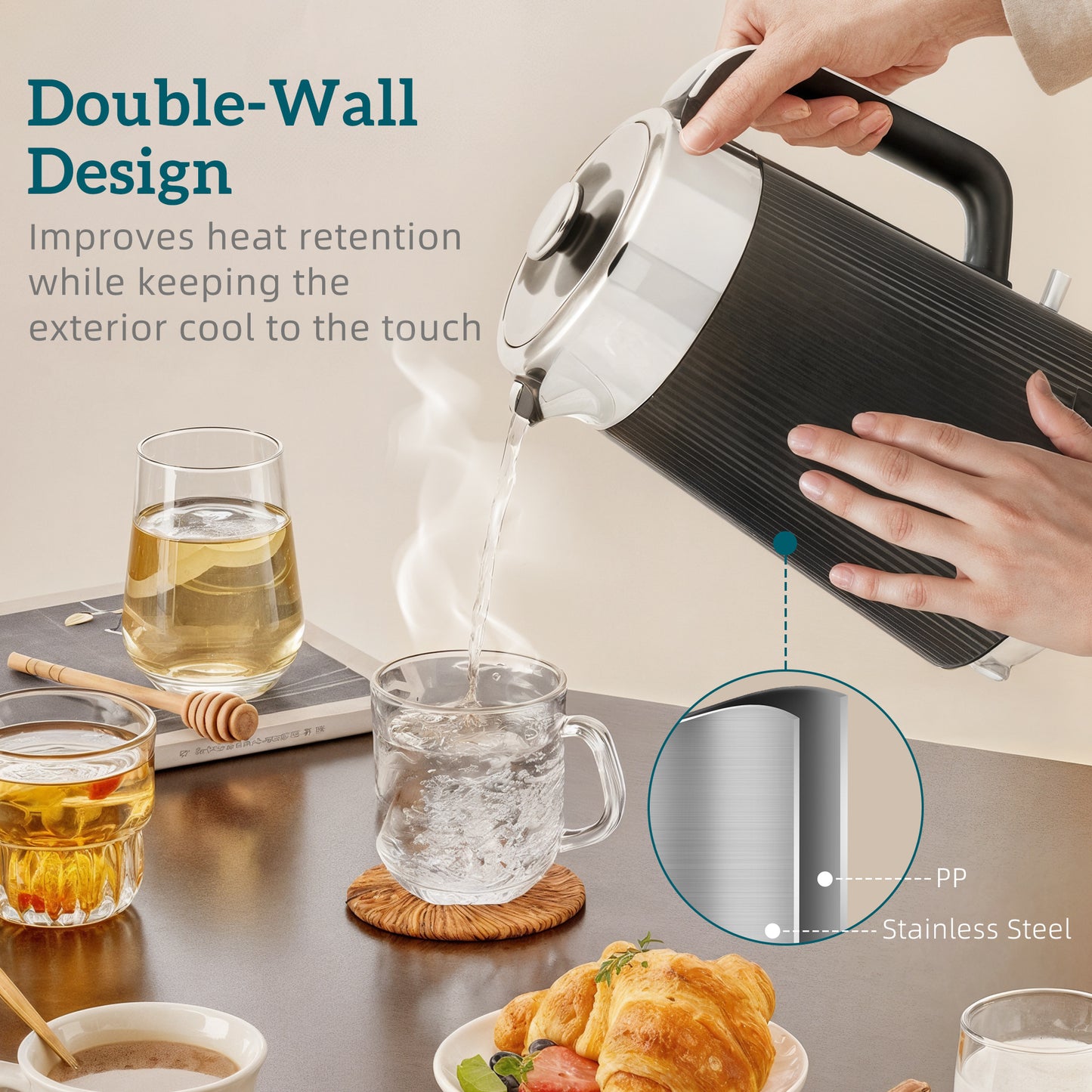 1.7L 3000W Rapid Boil Kettle and 4 Slice Toaster Set Crumb Tray Black