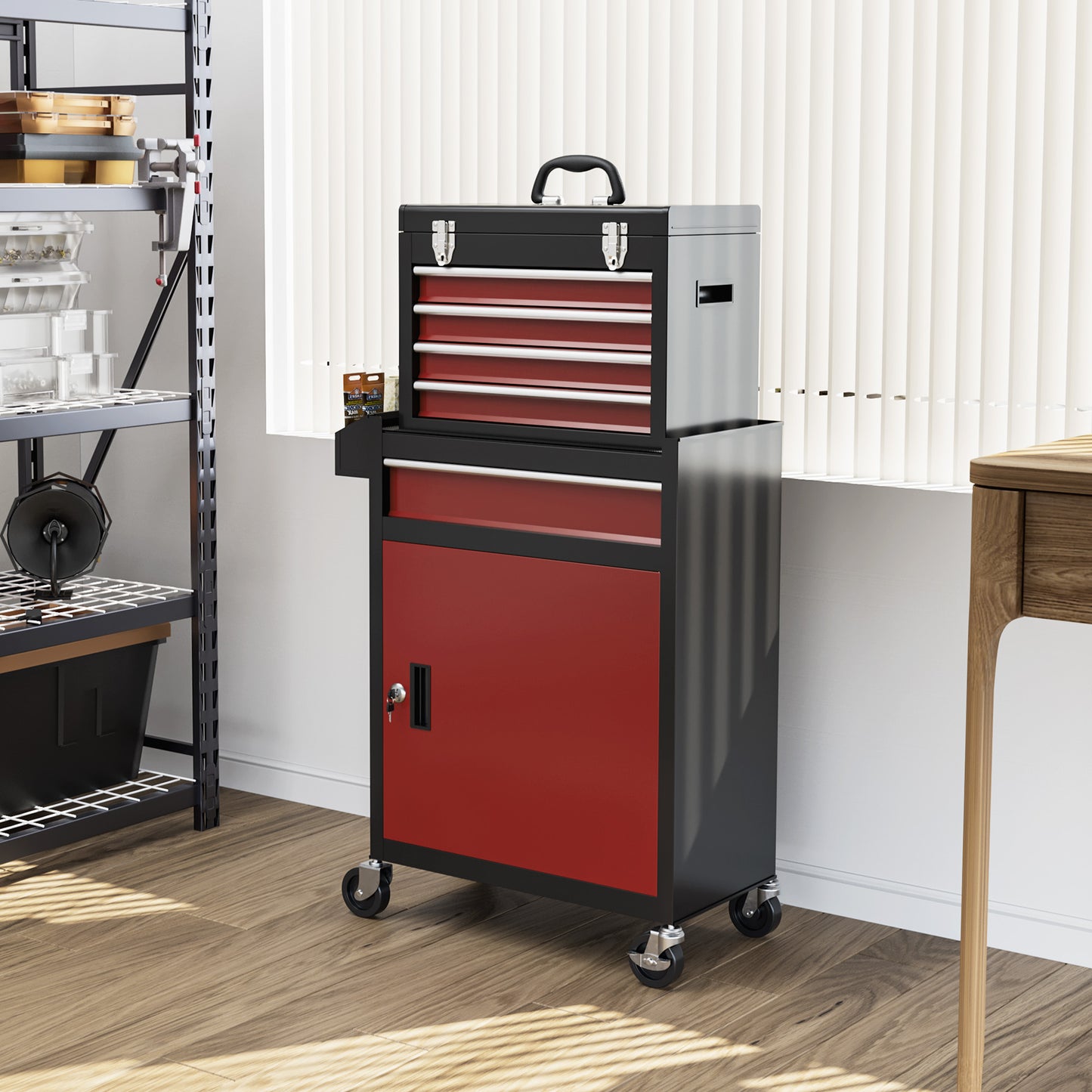 Tool Cabinet on Wheels with 5 Drawers Top Tool Chest Roller Cabinet Combo