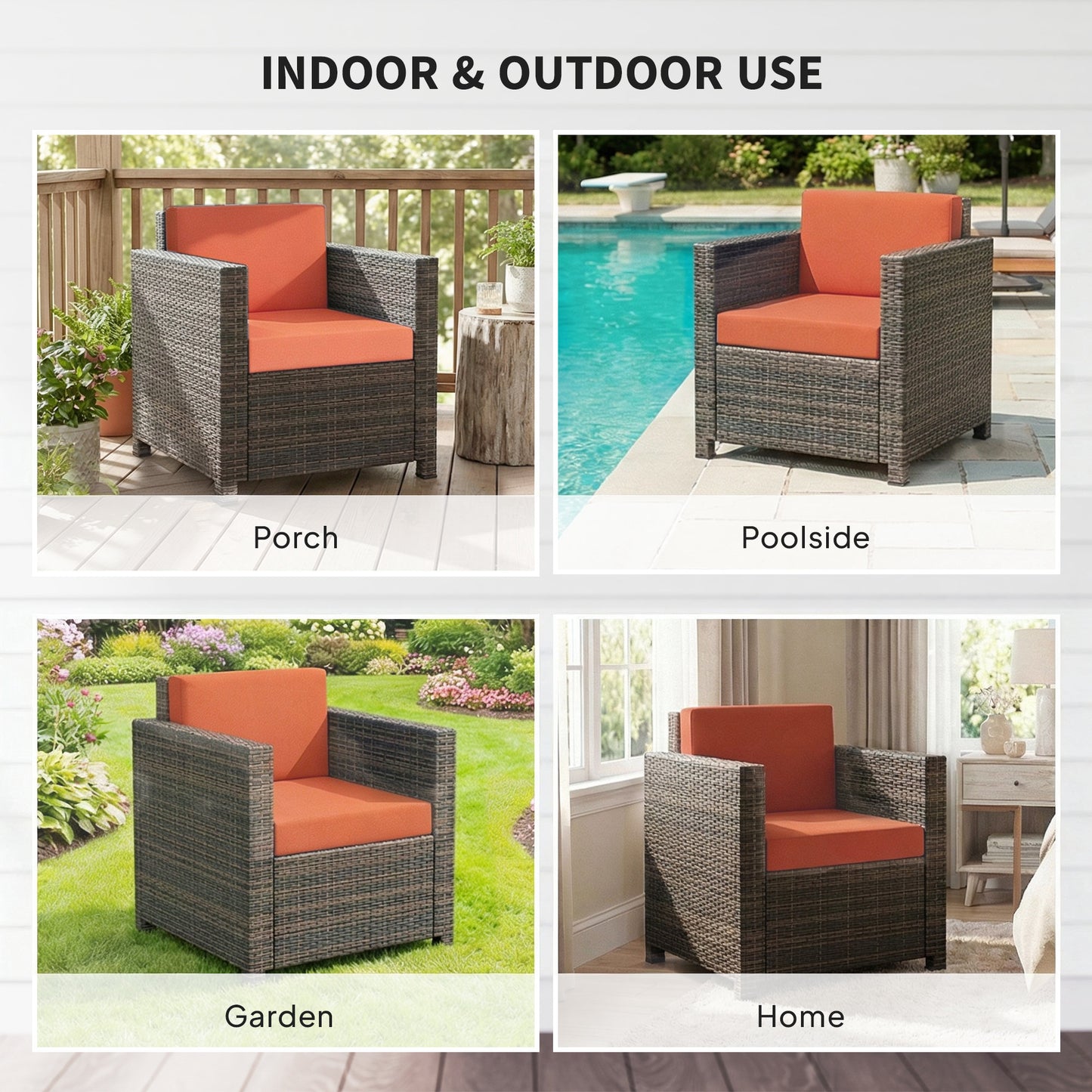 Rattan Garden Armchair, Cushioned Single Rattan Chair, Brown/Orange