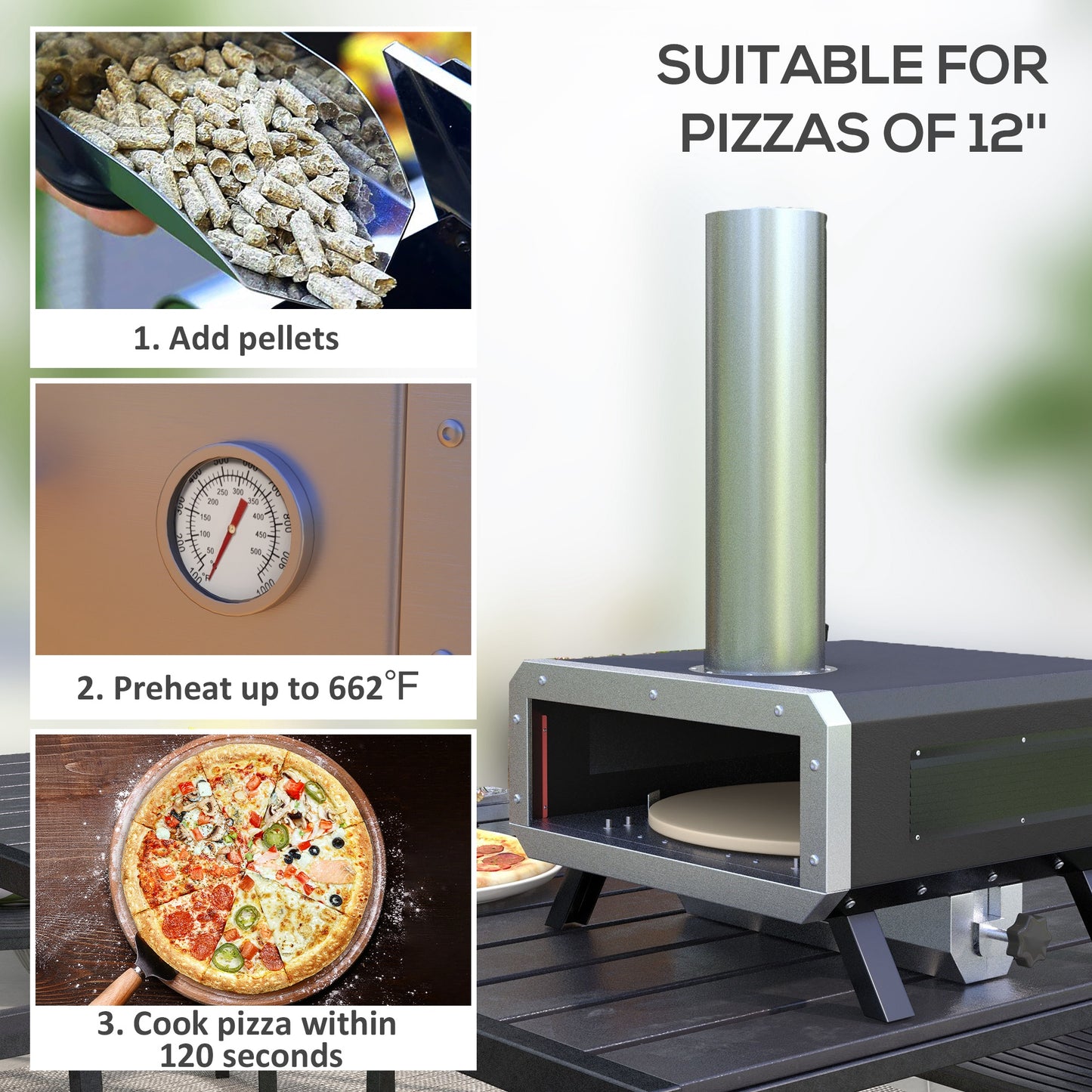 Portable Wood Pellet Pizza Oven with 12" / 30cm Rotating Pizza Stone, Peel and Cover, Wood Fired Pizza Maker with Thermometer