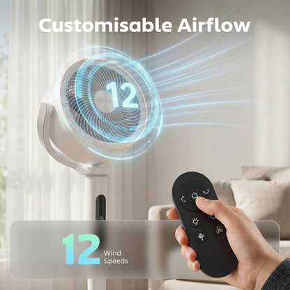 20dB Silent Standing Fan, 70°+90° Auto Oscillating Fan with 12 Speeds, LED Light, Air Circulator, Remote Control, 12H Timer, for Bedroom, 46 Inch, White