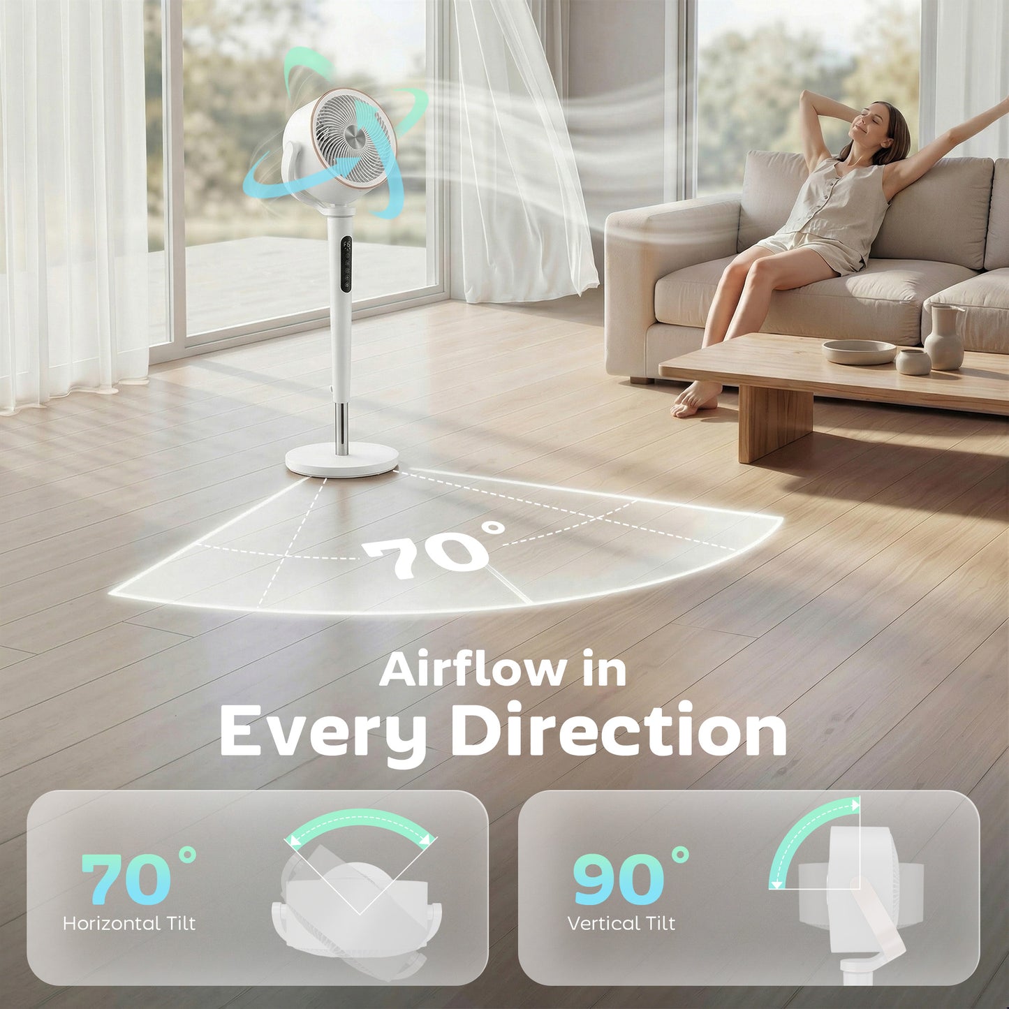 20dB Silent Standing Fan, 70°+90° Auto Oscillating Fan with 12 Speeds, LED Light, Air Circulator, Remote Control, 12H Timer, for Bedroom, 46 Inch, White