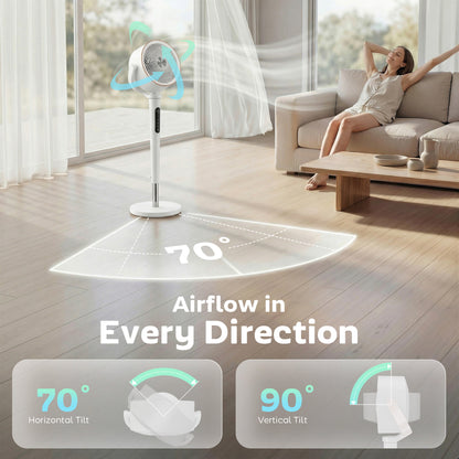 20dB Silent Standing Fan, 70°+90° Auto Oscillating Fan with 12 Speeds, LED Light, Air Circulator, Remote Control, 12H Timer, for Bedroom, 46 Inch, White