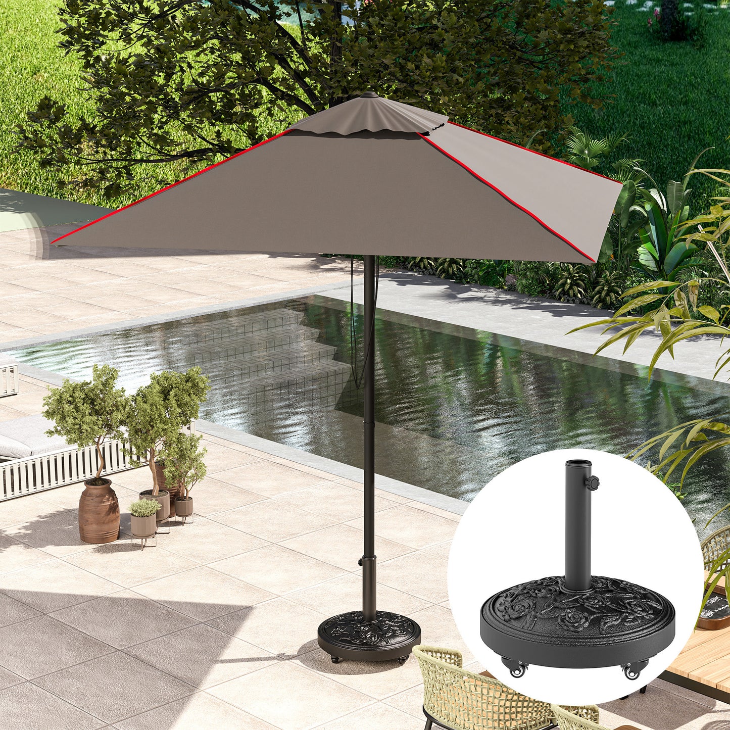 Parasol Base with Wheels, Floral Rose Pattern, Black