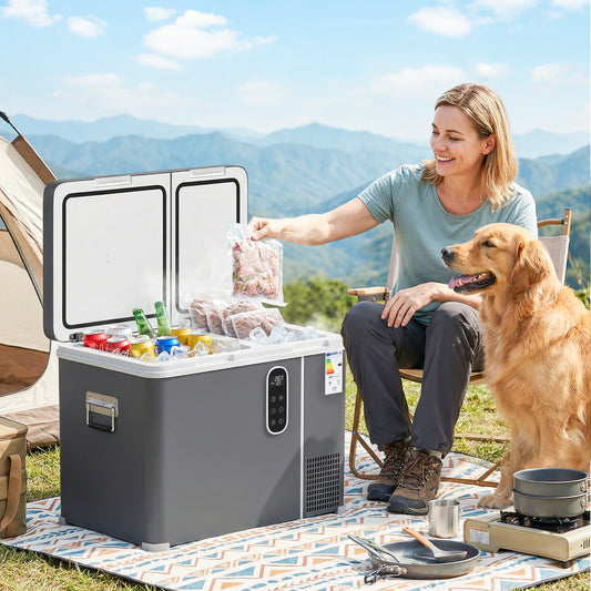 45L Compressor Car Fridge Freezer, Dual Zone Camping Refrigerator with App Control, 12/24V DC and 100-240V AC, Portable Electric Cool Box with Foldable Handle, Truck, Campervan, RV, Boat